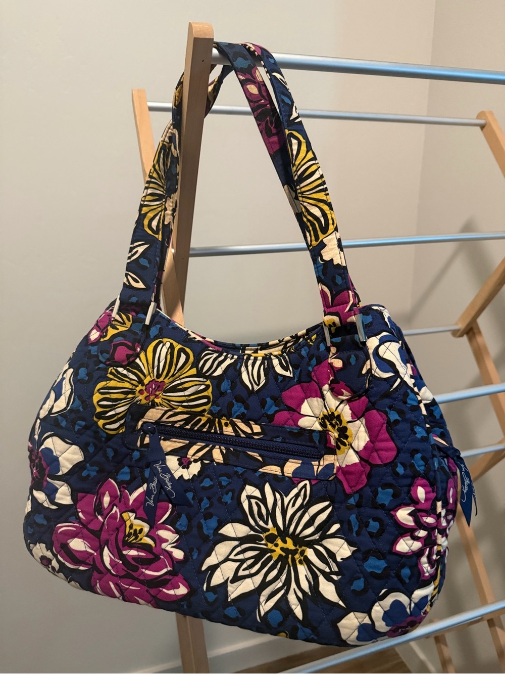 Vera Bradley Navy Quilted Floral Shoulder Bag with Pink & Yellow Accents